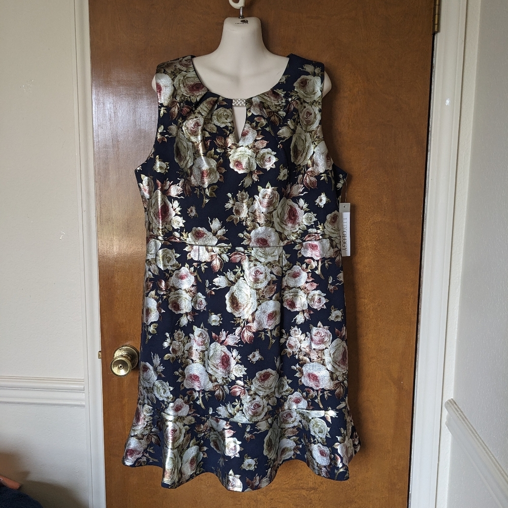 Luxology Navy Blue Floral Metallic Sleeveless Party Cocktail Dress